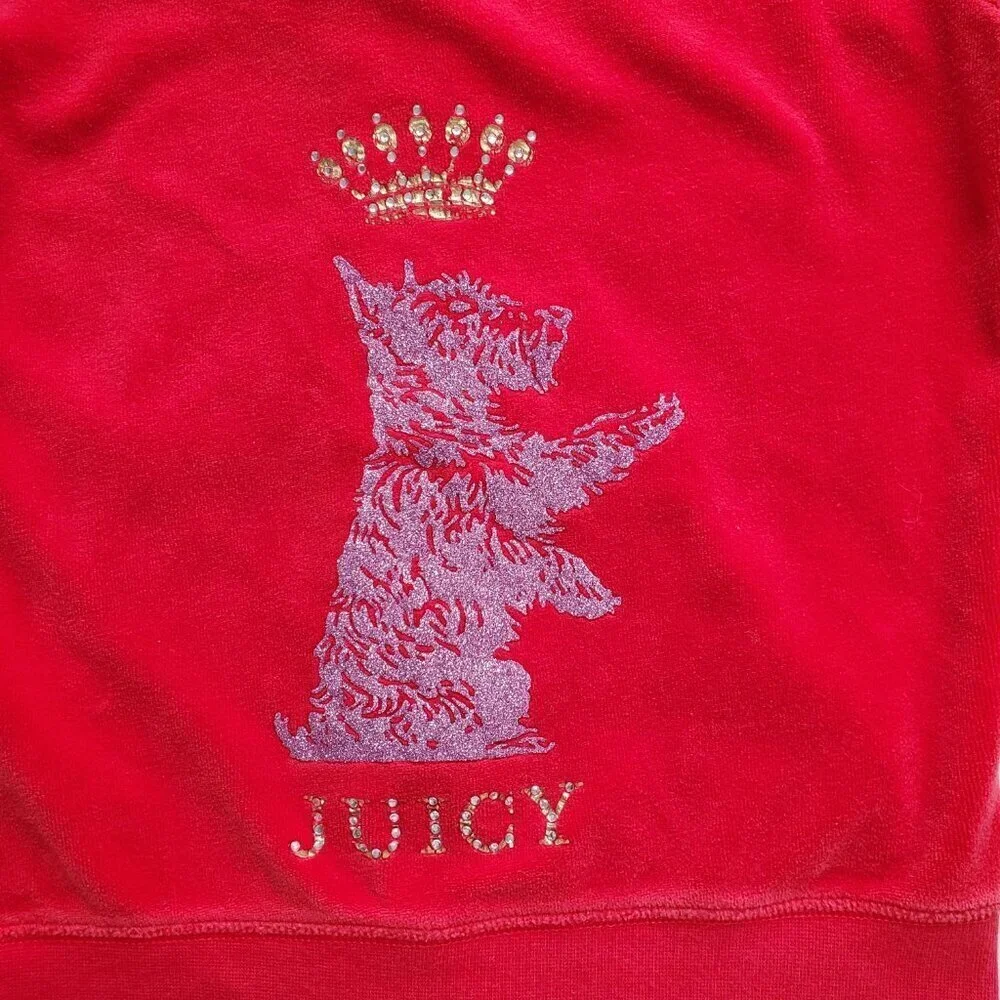 Juicy Couture Girl’s Red Velour Shiny Puppy Rhinestone Crown Graphic Hoodie 6/7 - Picture 5 of 12